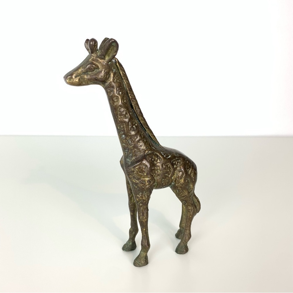 Brass Giraffe Figurine Sculpture Gold Colored Patina Vtg Detailed Animal Safari